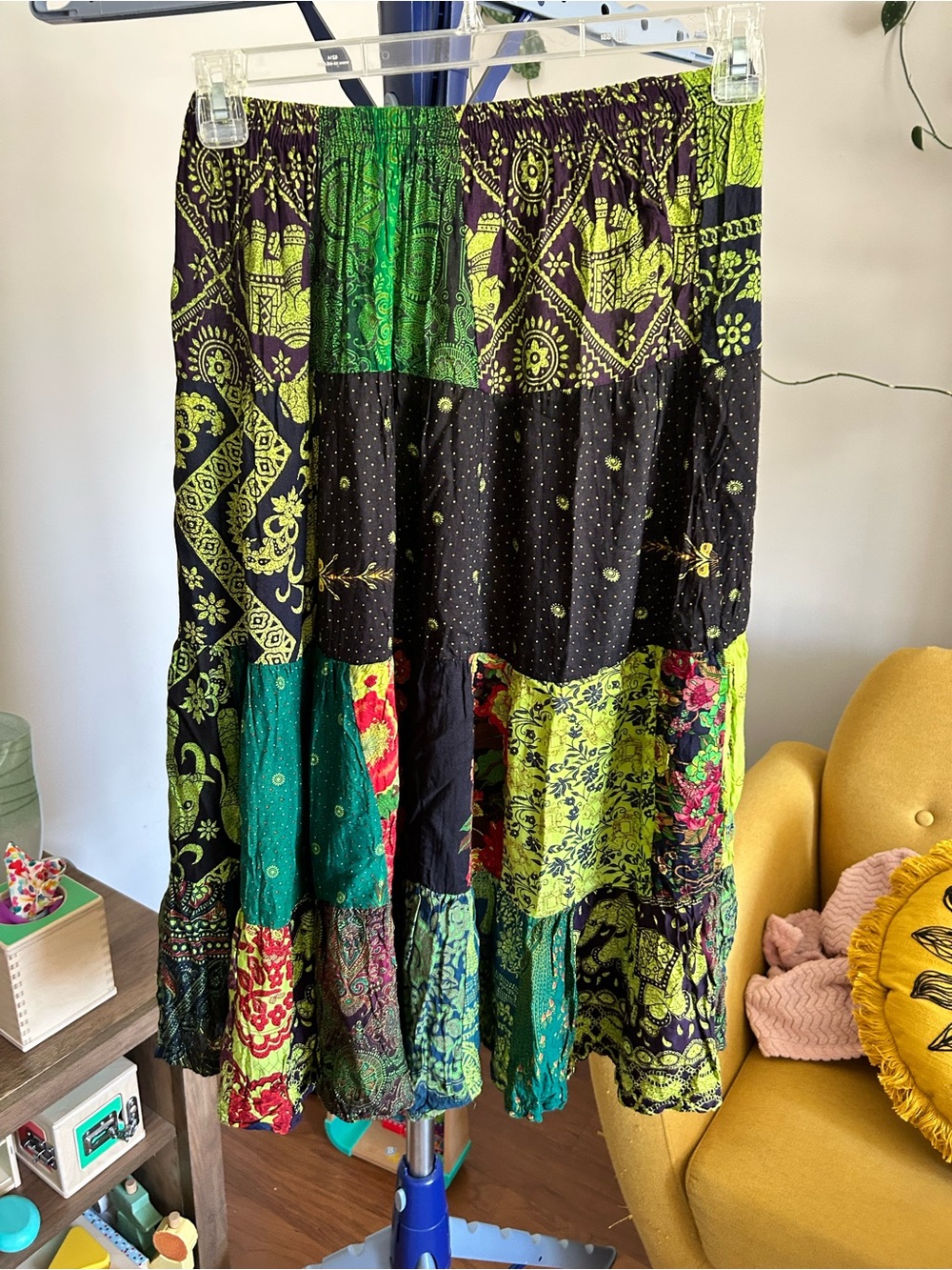 Boho Patchwork Midi Skirt in Black and Green